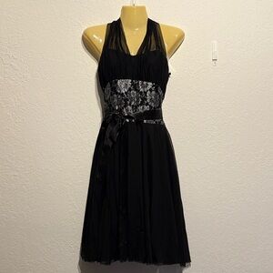 City Triangles Black Halter Dress Size S Silver Floral Waist Vintage Inspired